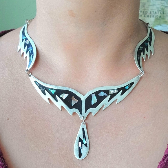 Jewelry - Vintage Mexican Alpaca Silver Abalone Shell Ornate Bib Necklace